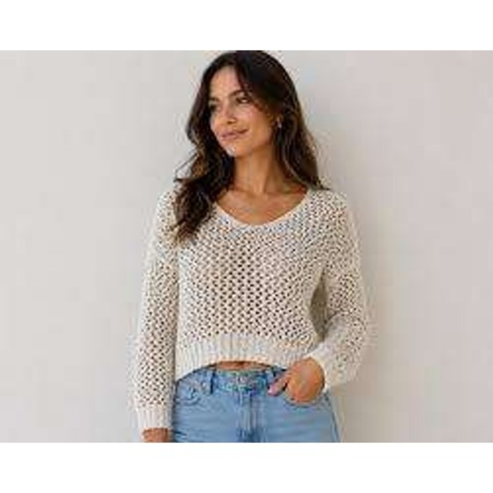 SHEIN Women White Open Knit Crochet Mesh Scoop Neck Long Sleeve Crop Sweater M